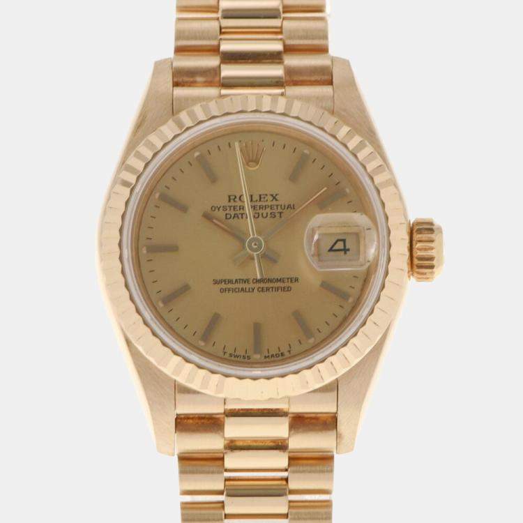 مملوكة مسبقًا Rolex Champagne 18k Yellow Gold Datejust 69178 Automatic Women's Wristwatch 26 mm