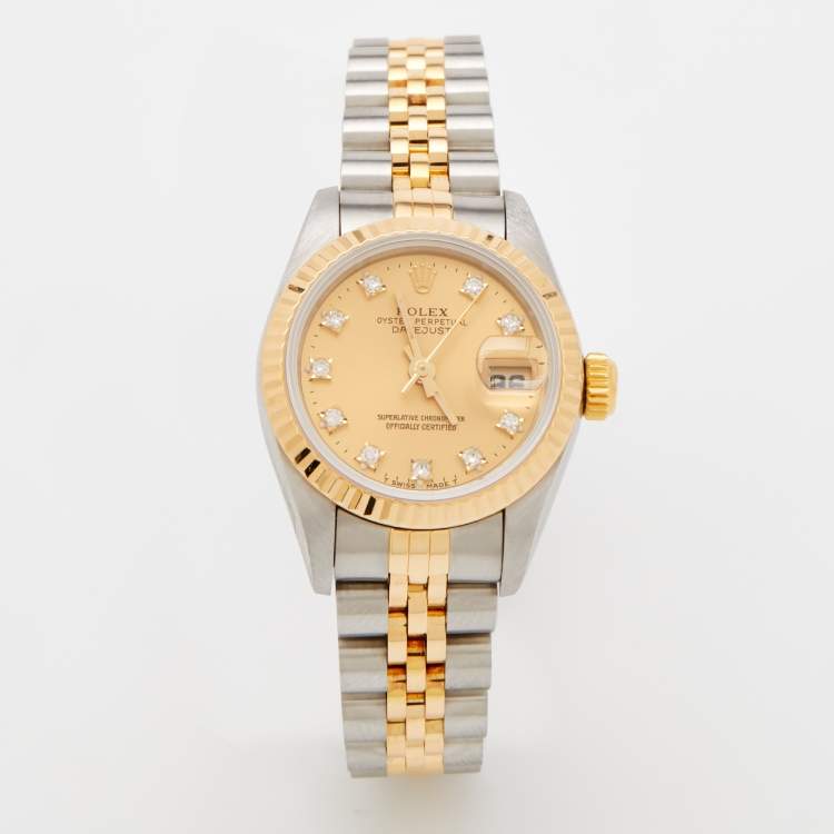 مملوكة مسبقًا Rolex Champagne Diamonds 18K Yellow Gold And Stainless Steel Datejust 69173 Women's Wristwatch 26 mm