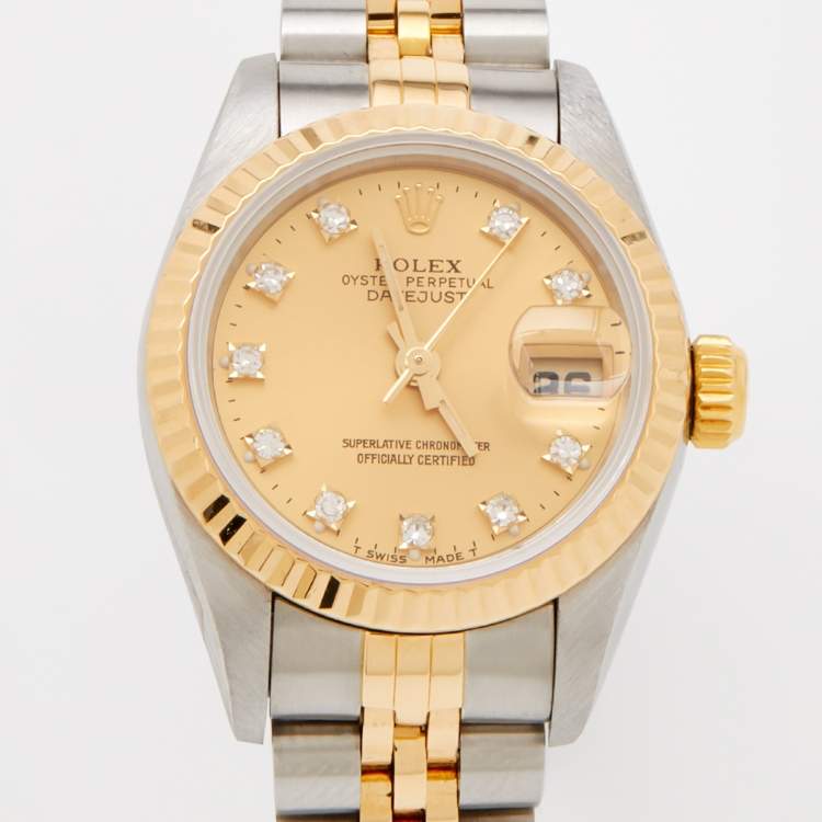 مملوكة مسبقًا Rolex Champagne Diamonds 18K Yellow Gold And Stainless Steel Datejust 69173 Women's Wristwatch 26 mm