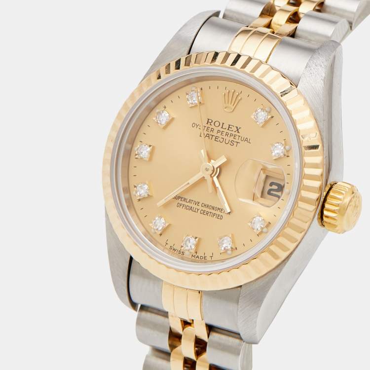 مملوكة مسبقًا Rolex Champagne Diamonds 18K Yellow Gold And Stainless Steel Datejust 69173 Women's Wristwatch 26 mm