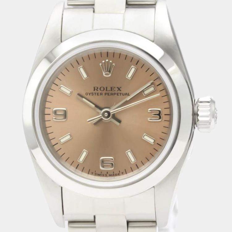 Pre Owned Rolex Orange Stainless Steel Oyster Perpetual 67180 Automatic Women's Wristwatch 24 mm