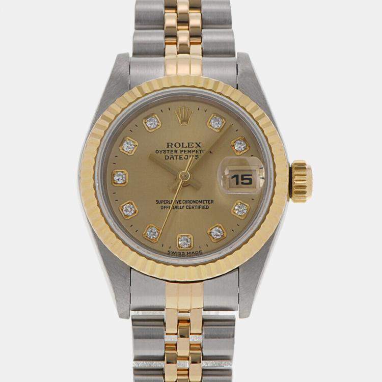 Pre Owned Rolex Champagne Diamond 18k Yellow Gold And Stainless Steel Datejust 69173G Automatic Women's Wristwatch 26 mm