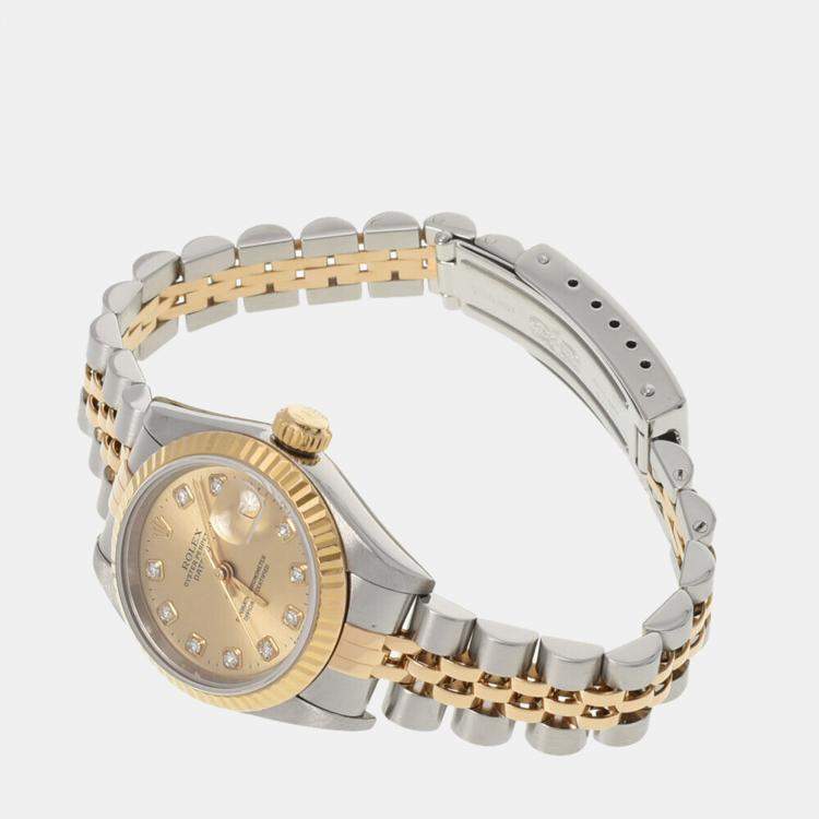 Pre Owned Rolex Champagne Diamond 18k Yellow Gold And Stainless Steel Datejust 69173G Automatic Women's Wristwatch 26 mm