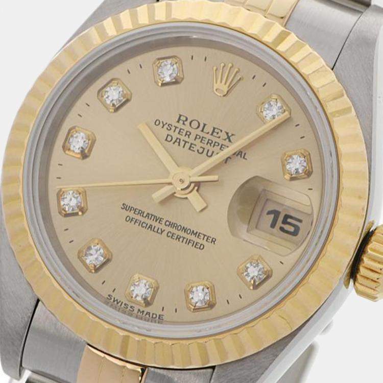 Pre Owned Rolex Champagne Diamond 18k Yellow Gold And Stainless Steel Datejust 69173G Automatic Women's Wristwatch 26 mm