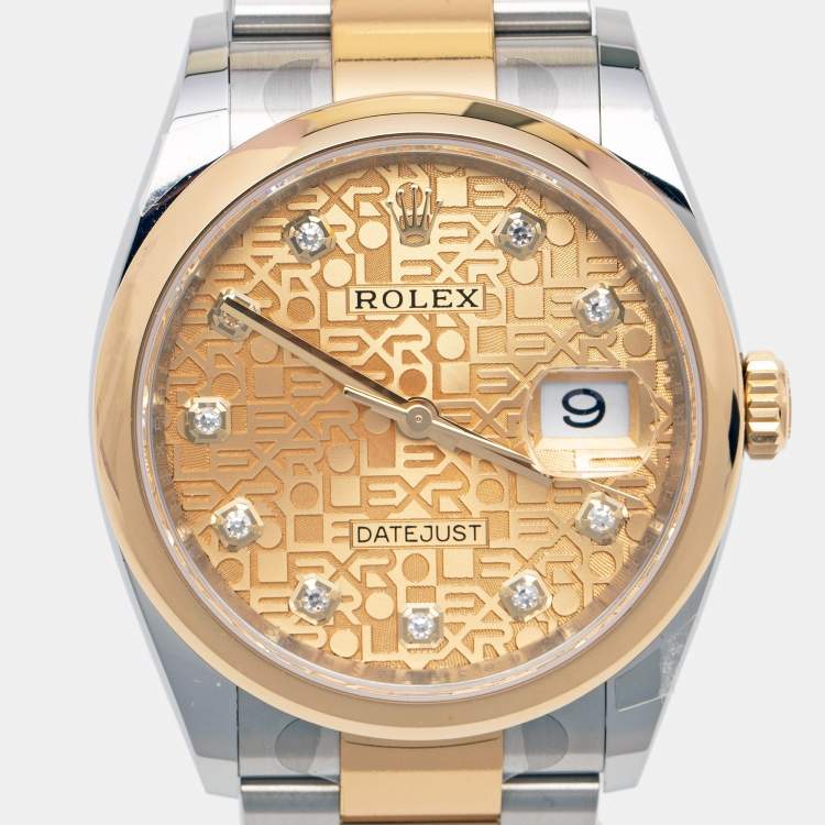 Pre Owned Rolex Champagne Diamond 18k Yellow Gold Stainless Steel Datejust M126203-0034 Unisex Wristwatch 36 mm