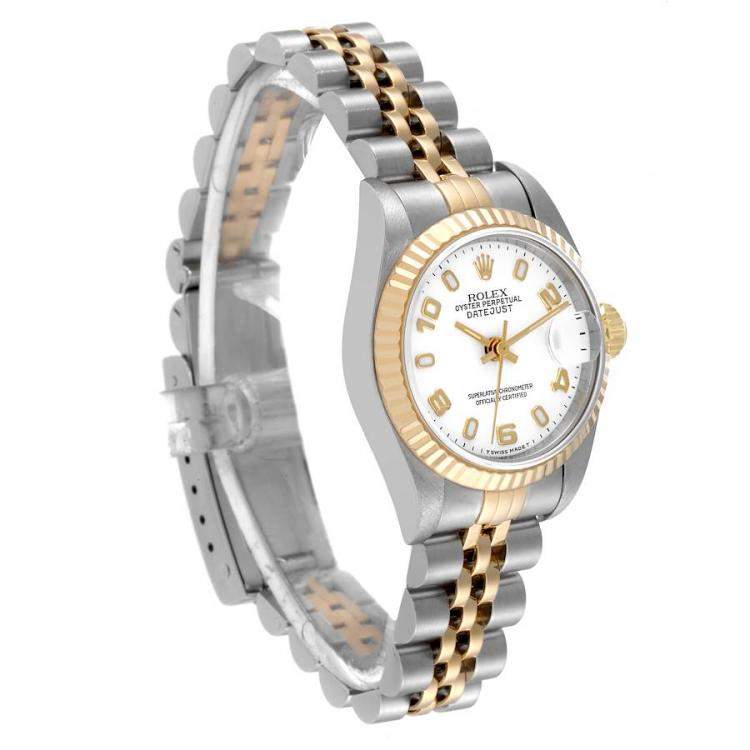 Pre Owned Rolex White 18k Yellow Gold And Stainless Steel Datejust 69173 Automatic Women's Wristwatch 26 mm