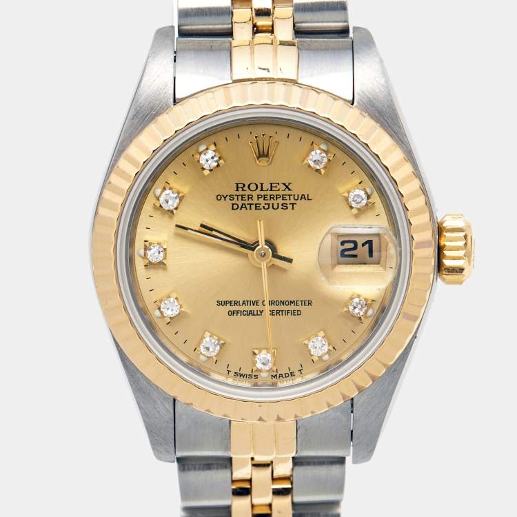 Pre Owned Rolex Champagne Diamond 18k Yellow Gold Stainless Steel Datejust 69173 Women's Wristwatch 26 mm