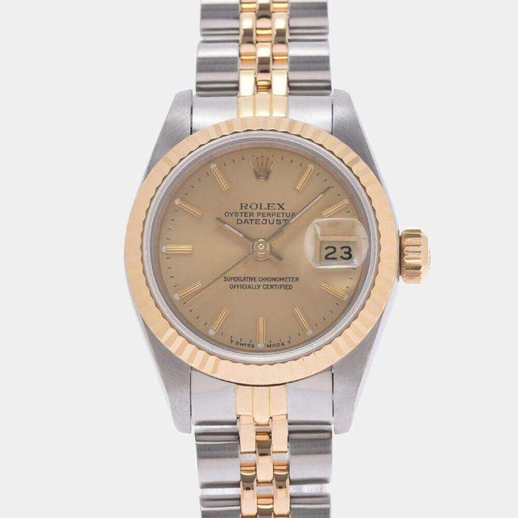 Pre Owned Rolex Champagne 18K Yellow Gold And Stainless Steel Datejust 69173 Women's Wristwatch 26 mm