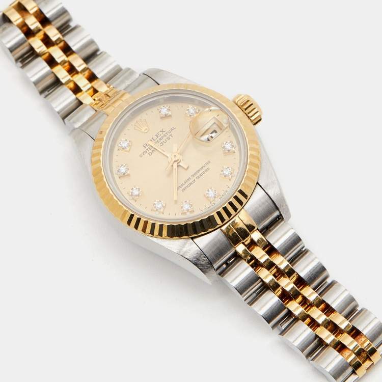 Pre Owned Rolex Champagne Diamonds 18K Yellow Gold And Stainless Steel Datejust 69173 Women's Wristwatch 26 mm