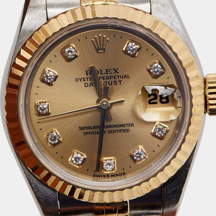 Pre Owned Rolex Champagne Diamonds 18K Yellow Gold And Stainless Steel Datejust 69173 Women's Wristwatch 26 mm
