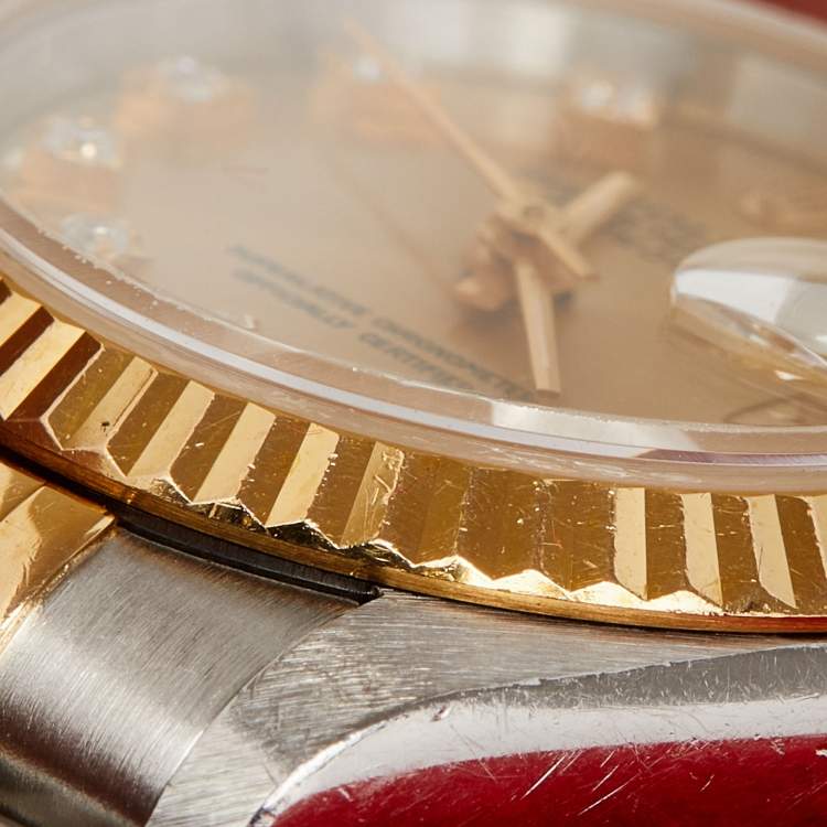 Pre Owned Rolex Champagne Diamonds 18K Yellow Gold And Stainless Steel Datejust 69173 Women's Wristwatch 26 mm