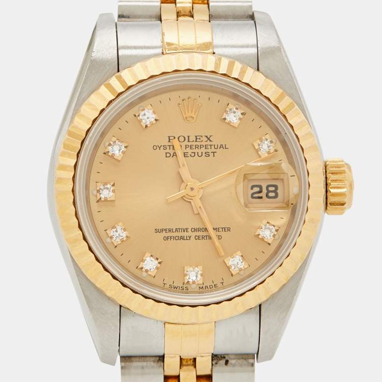Pre Owned Rolex Champagne Diamonds 18K Yellow Gold And Stainless Steel Datejust 69173 Women's Wristwatch 26 mm