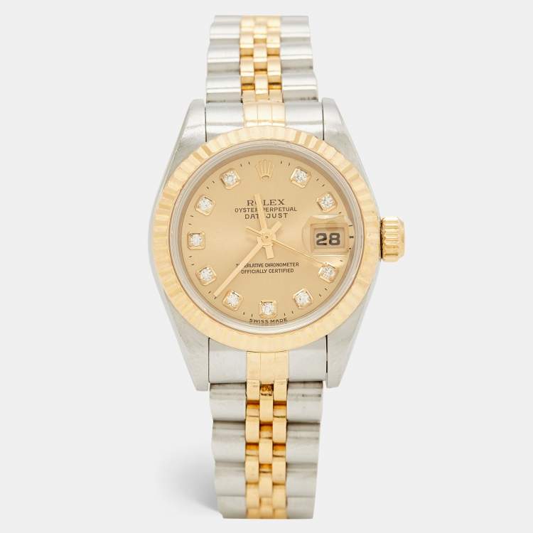 Pre Owned Rolex Champagne Diamonds 18K Yellow Gold And Stainless Steel Datejust 69173 Women's Wristwatch 26 mm
