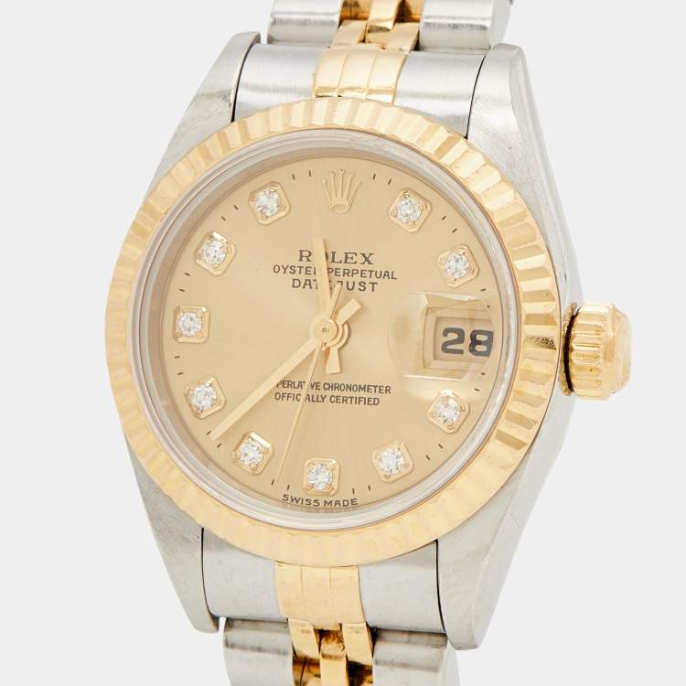 Pre Owned Rolex Champagne Diamonds 18K Yellow Gold And Stainless Steel Datejust 69173 Women's Wristwatch 26 mm