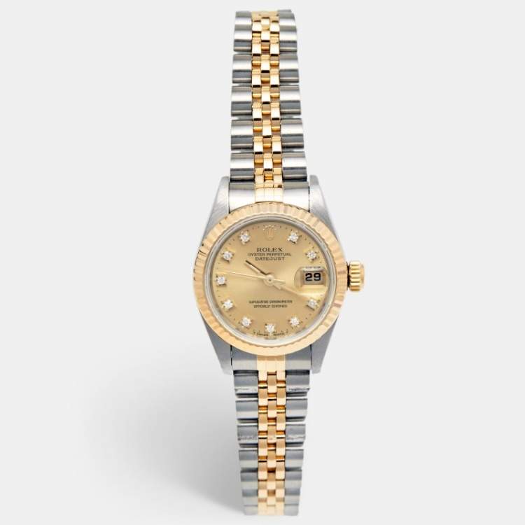 Pre Owned Rolex Champagne 18K Yellow Stainless Steel Diamond Datejust 69173 Women's Wristwatch 26 mm