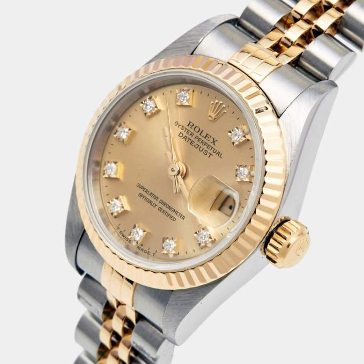 Pre Owned Rolex Champagne 18K Yellow Stainless Steel Diamond Datejust 69173 Women's Wristwatch 26 mm