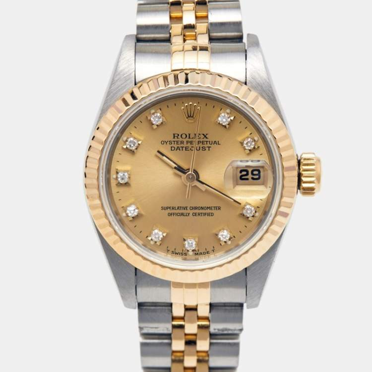 Pre Owned Rolex Champagne 18K Yellow Stainless Steel Diamond Datejust 69173 Women's Wristwatch 26 mm
