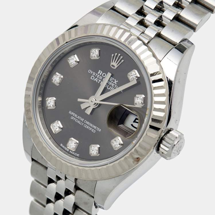 مملوكة مسبقًا Rolex Dark Grey 18K White Gold Oystersteel Diamond Datejust M279174-0015 Women's Wristwatch 28 mm