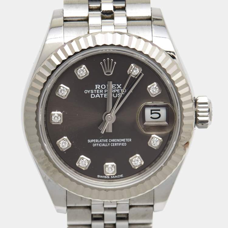 مملوكة مسبقًا Rolex Dark Grey 18K White Gold Oystersteel Diamond Datejust M279174-0015 Women's Wristwatch 28 mm