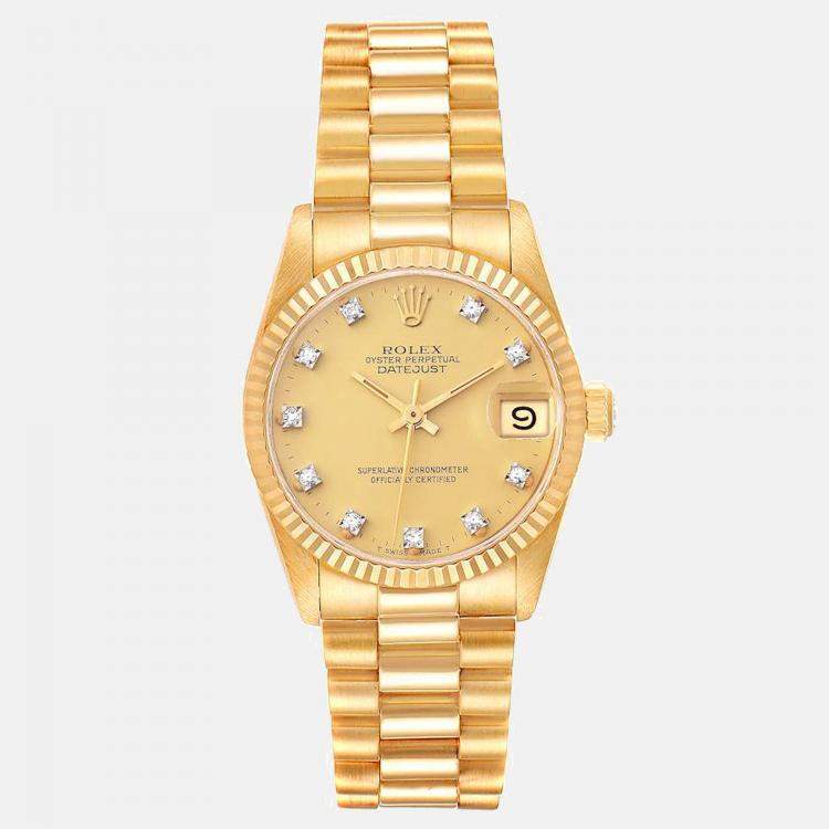 Pre Owned Rolex Champagne Diamonds 18K Yellow Gold President Datejust 68278 Automatic Women's Wristwatch 31 mm