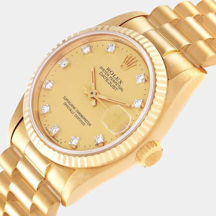 Pre Owned Rolex Champagne Diamonds 18K Yellow Gold President Datejust 68278 Automatic Women's Wristwatch 31 mm