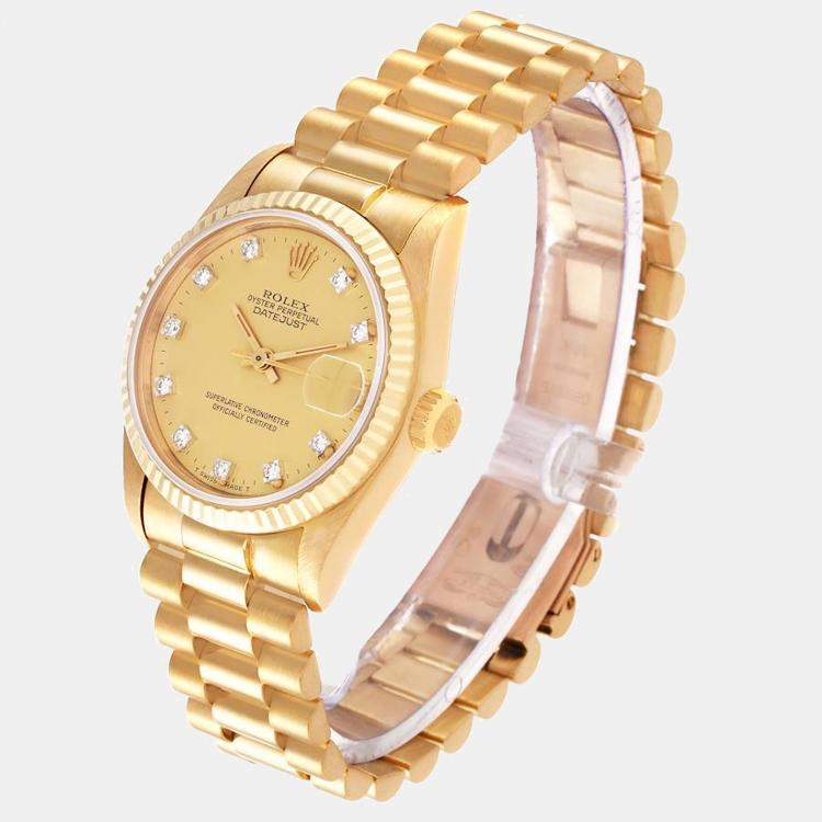 Pre Owned Rolex Champagne Diamonds 18K Yellow Gold President Datejust 68278 Automatic Women's Wristwatch 31 mm