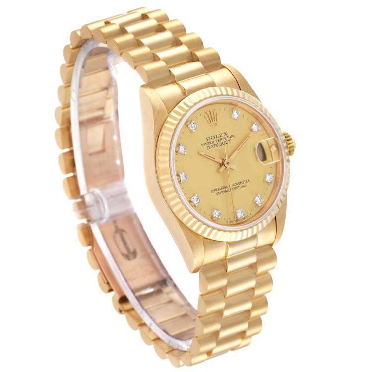 Pre Owned Rolex Champagne Diamonds 18K Yellow Gold President Datejust 68278 Automatic Women's Wristwatch 31 mm