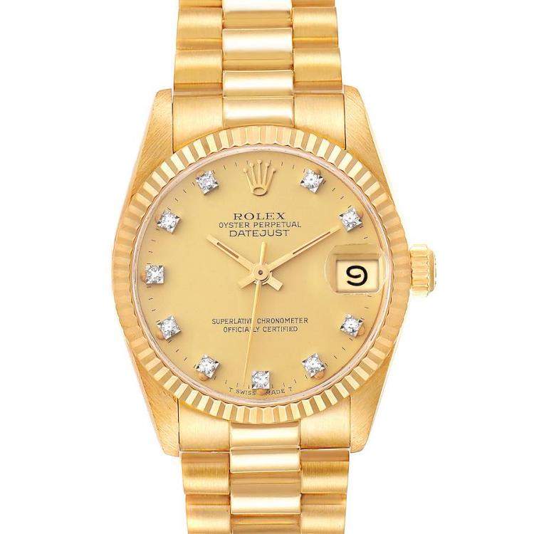 Pre Owned Rolex Champagne Diamonds 18K Yellow Gold President Datejust 68278 Automatic Women's Wristwatch 31 mm