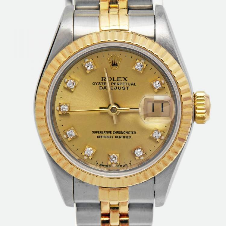 مملوكة مسبقًا Rolex Champagne Diamonds 18K Yellow Gold Stainless Steel Datejust 69173 Women's Wristwatch 26 mm