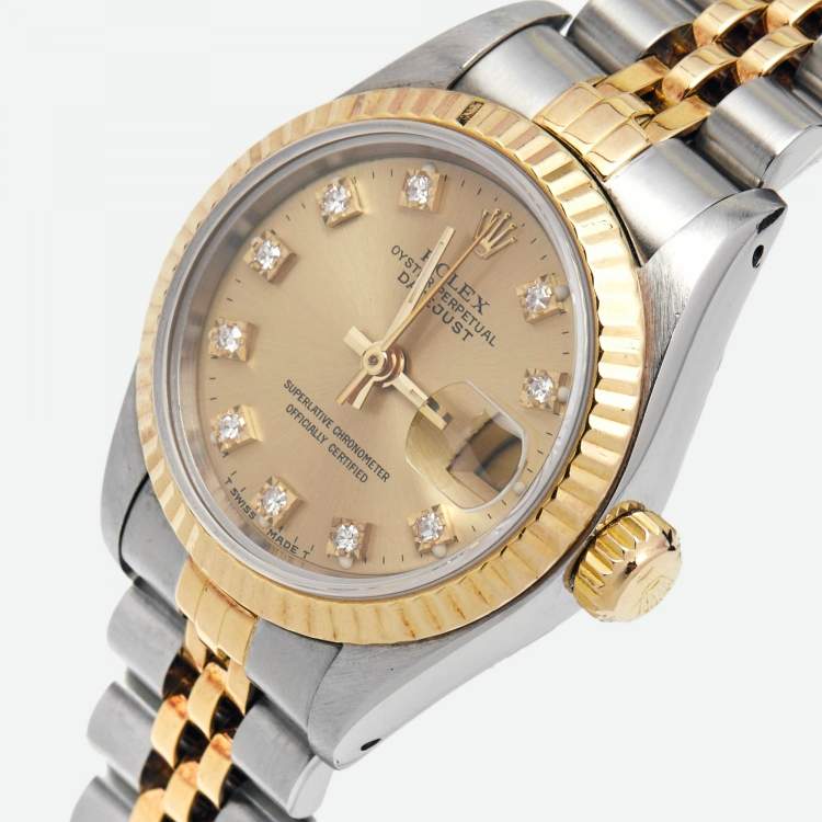 مملوكة مسبقًا Rolex Champagne Diamonds 18K Yellow Gold Stainless Steel Datejust 69173 Women's Wristwatch 26 mm