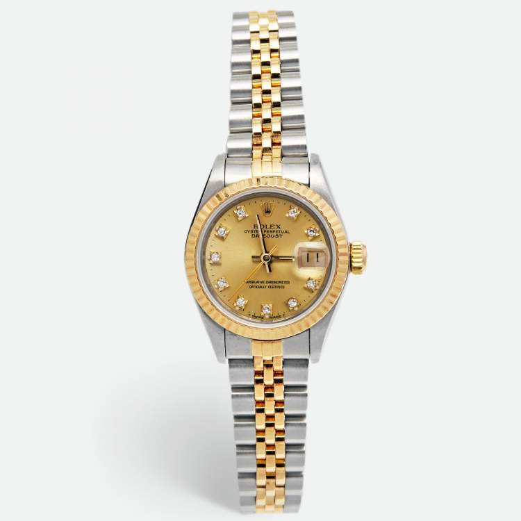 مملوكة مسبقًا Rolex Champagne Diamonds 18K Yellow Gold Stainless Steel Datejust 69173 Women's Wristwatch 26 mm