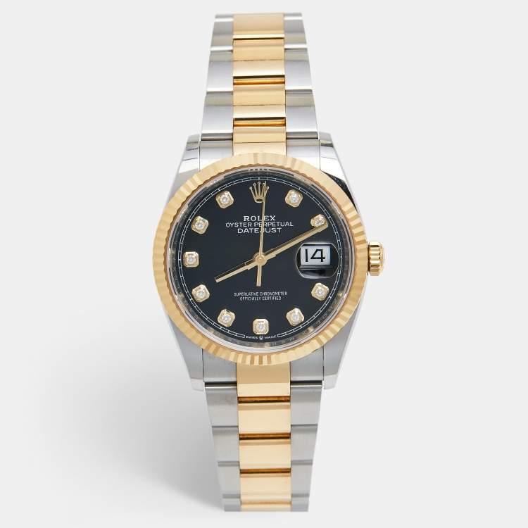 Pre Owned Rolex Black 18K Yellow Gold Oystersteel Datejust M126233-00022 Unisex Wristwatch 36 mm