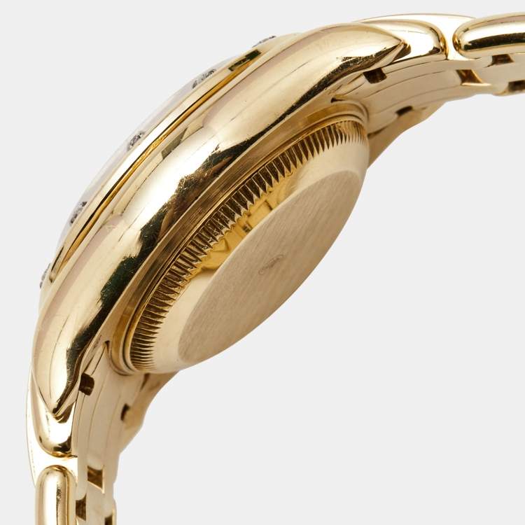 Pre Owned Rolex Mother of Pearl 18k Yellow Gold Diamond Datejust Pearlmaster 69318 Women's Wristwatch 29 mm