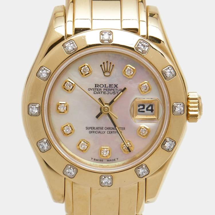 Pre Owned Rolex Mother of Pearl 18k Yellow Gold Diamond Datejust Pearlmaster 69318 Women's Wristwatch 29 mm