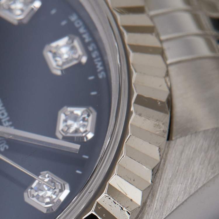 Pre Owned Rolex Black Diamonds 18K White Gold And Stainless Steel Datejust 69174 Automatic Women's Wristwatch 26 mm