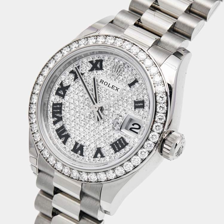 Pre Owned Rolex Diamond Pave 18K White Gold Datejust President M279139RBR-0014 Women's Wristwatch 28 