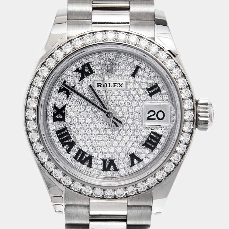 Pre Owned Rolex Diamond Pave 18K White Gold Datejust President M279139RBR-0014 Women's Wristwatch 28 