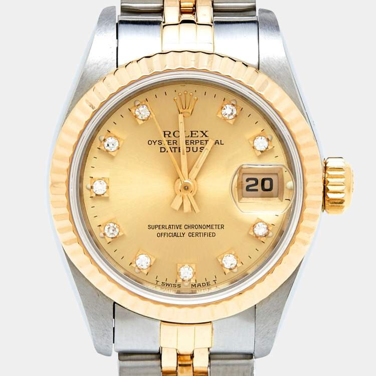 Pre Owned Rolex Champagne Diamonds 18K Yellow Gold And Stainless Steel Datejust 69173 Women's Wristwatch 26 mm