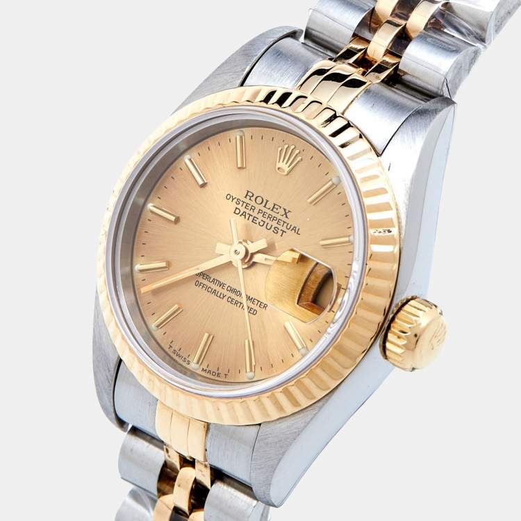 Pre Owned Rolex Champagne Diamonds 18K Yellow Gold And Stainless Steel Datejust 69173 Women's Wristwatch 26 mm