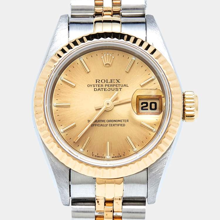 Pre Owned Rolex Champagne Diamonds 18K Yellow Gold And Stainless Steel Datejust 69173 Women's Wristwatch 26 mm