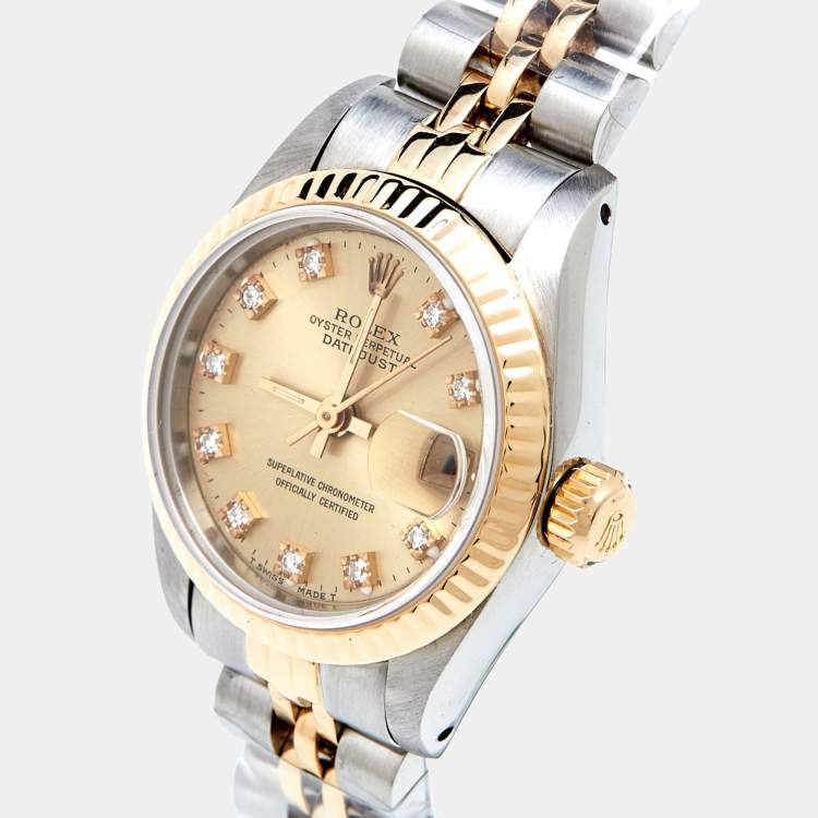 Pre Owned Rolex Champagne Diamonds 18K Yellow Gold And Stainless Steel Datejust 69173 Women's Wristwatch 26 mm
