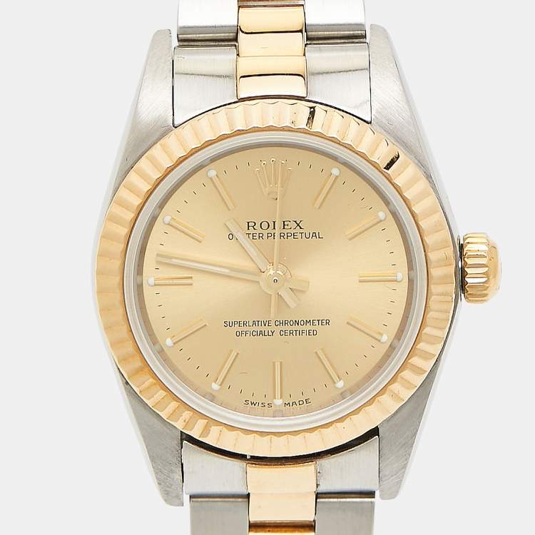 Pre Owned Rolex Champagne 18k Yellow Gold Stainless Steel Oyster Perpetual 76193 Women's Wristwatch 24 mm