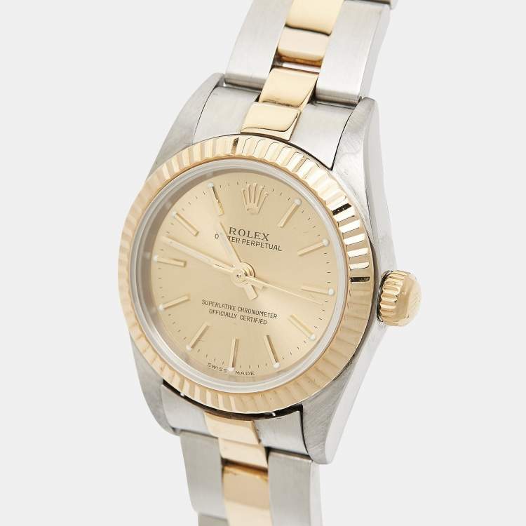 Pre Owned Rolex Champagne 18k Yellow Gold Stainless Steel Oyster Perpetual 76193 Women's Wristwatch 24 mm