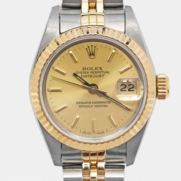 Pre Owned Rolex Champagne 18K Yellow Gold And Stainless Steel Datejust 69173 Women's Wristwatch 26 mm