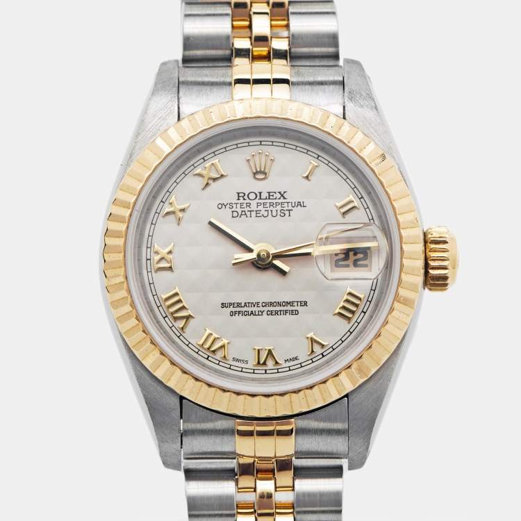 Pre Owned Rolex Ivory 18K Yellow Gold Stainless Steel Datejust 69173 Women's Wristwatch 26 mm