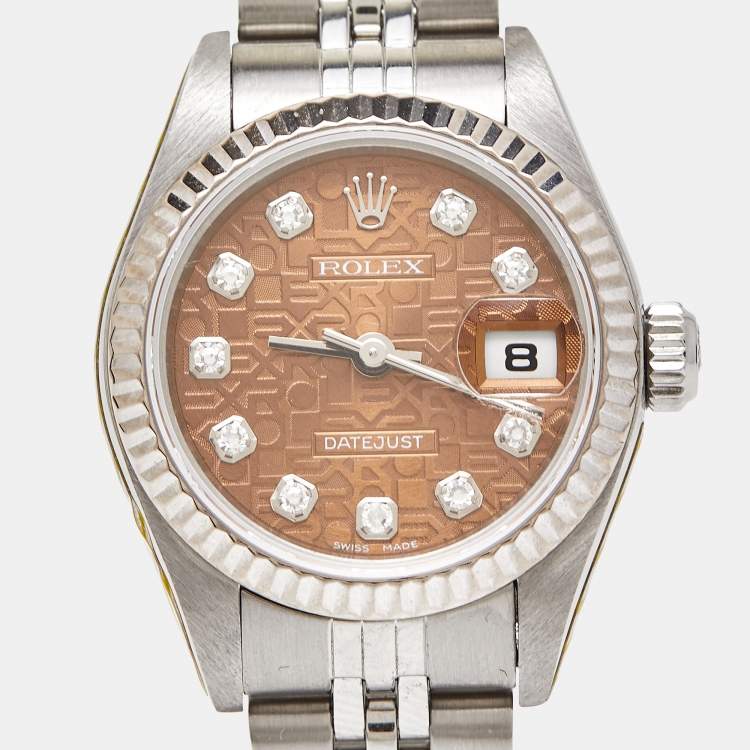Pre Owned Rolex Brown Anniversary Diamond Dial 18K White Gold Stainless Steel Datejust 79174 Wristwatch 26 mm