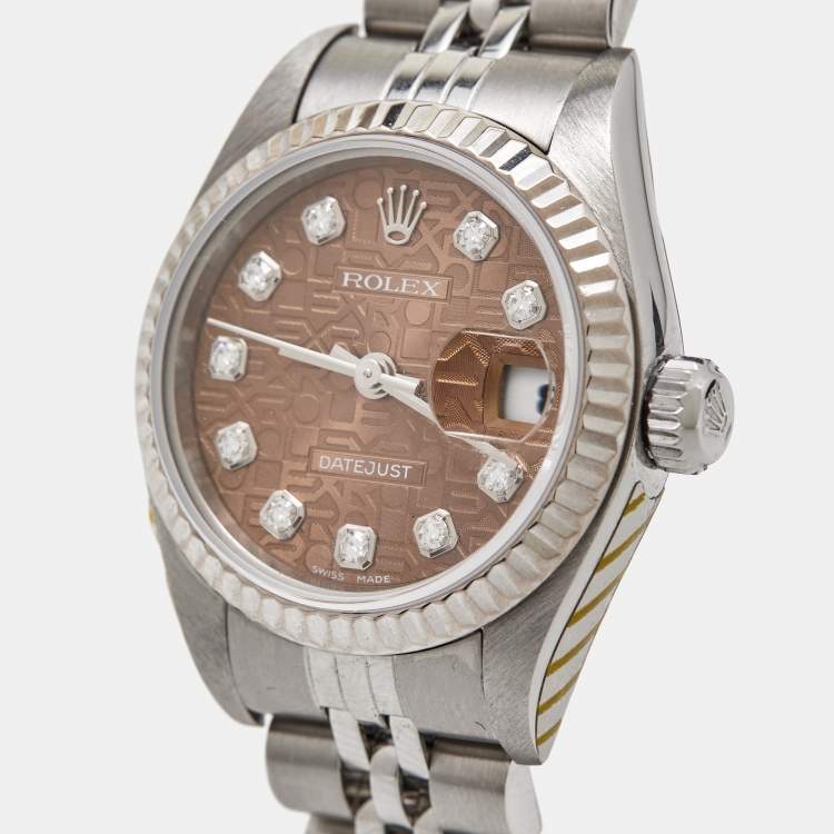 Pre Owned Rolex Brown Anniversary Diamond Dial 18K White Gold Stainless Steel Datejust 79174 Wristwatch 26 mm