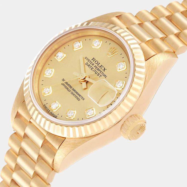 ROLEX DATEJUST 18K YELLOW GOLD CHAMPAGNE DIAMOND DIAL PRESIDENT BAND WATCH  69178