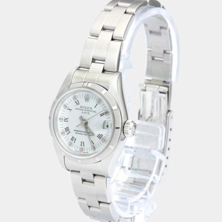Pre Owned Rolex White Stainless Steel Oyster Perpetual Date 79190 Automatic Women's Wristwatch 25 mm