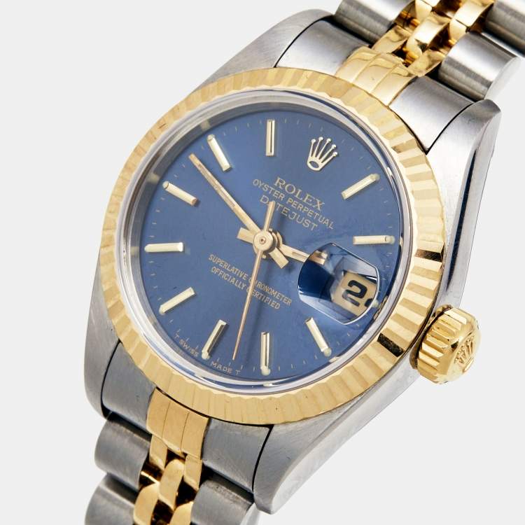 Pre Owned Rolex Blue 18k Yellow Gold Stainless Steel Datejust 69173 Women's Wristwatch 26 mm 